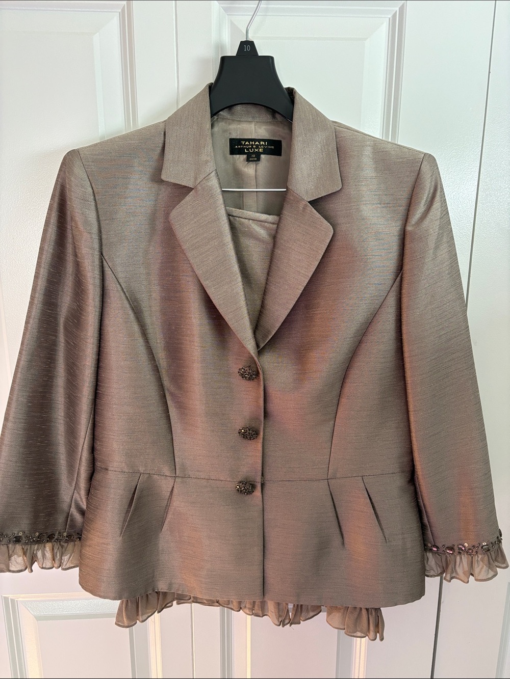 Tahari Luxe Metallic Taupe Peplum Suit with Ruffle Trim